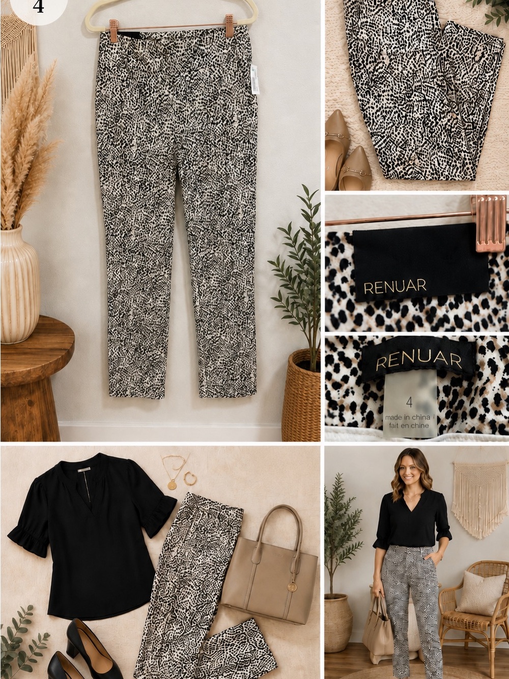 NWT Renuar Animal Print Slim Ankle Pants Size 4.